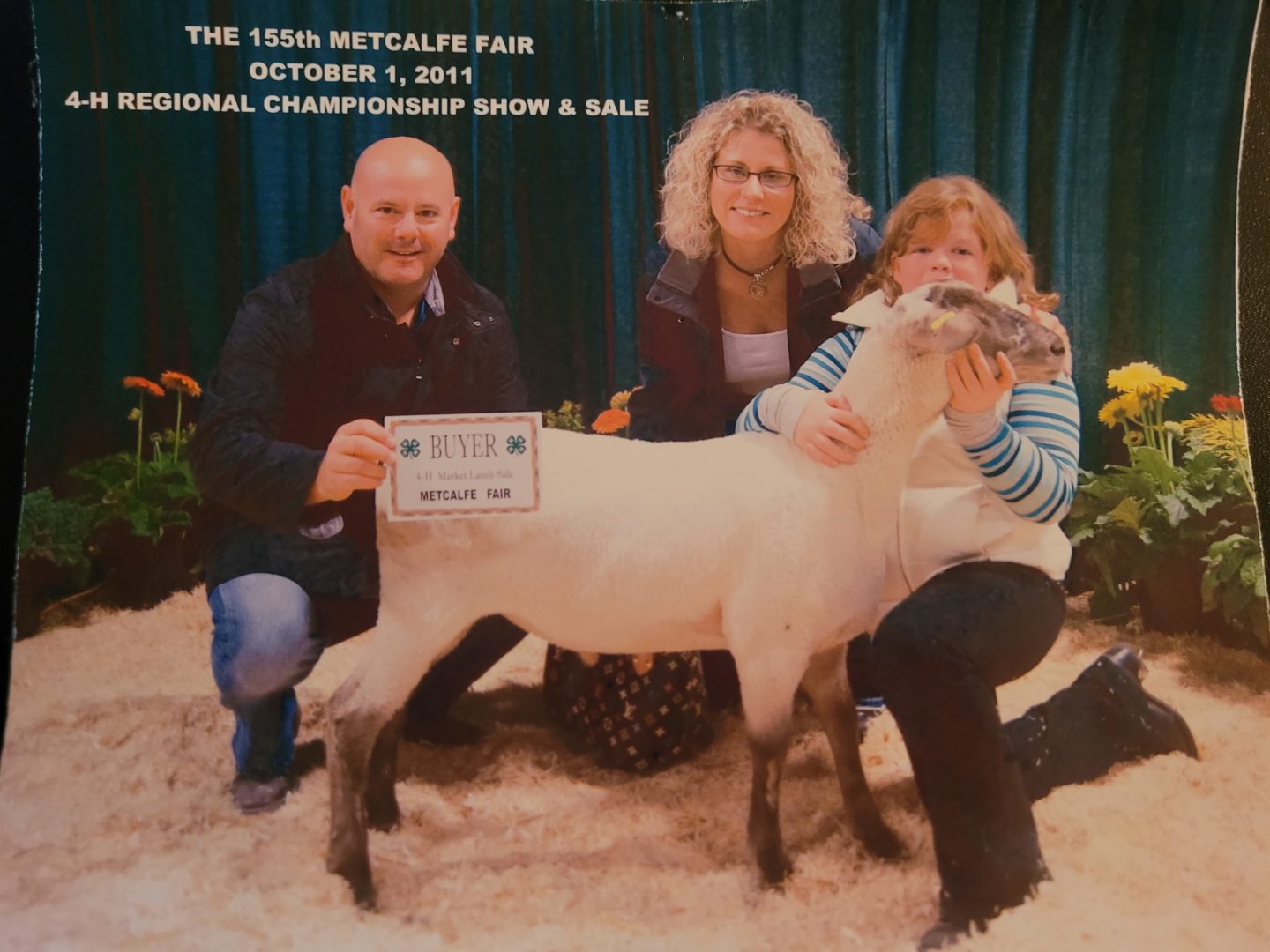Rhiannah kneeling down beside her show lamb with the couple who purchased the lamb at the 155th Metcalfe Fair