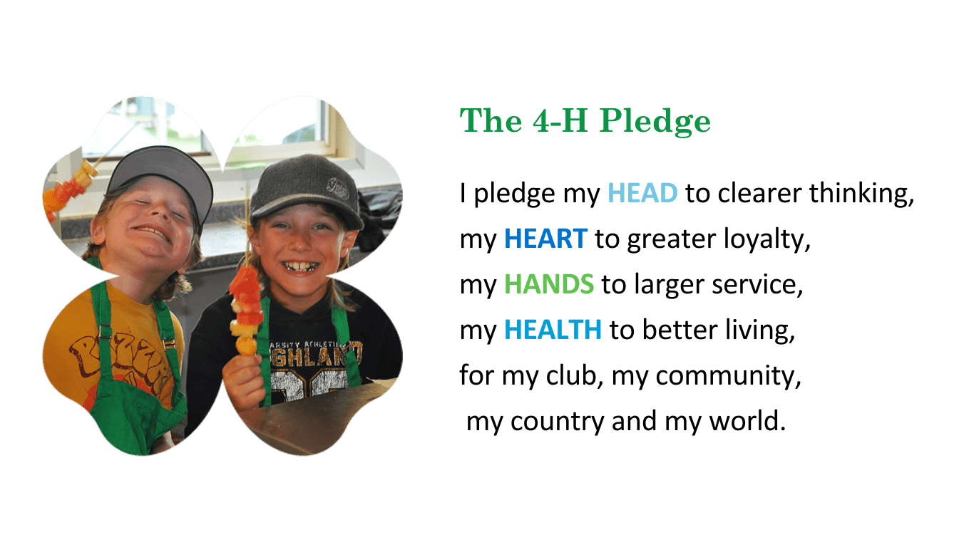 The 4-H Pledge

I pledge my HEAD to clearer thinking,
my HEART to greater loyalty,
my HANDS to larger service,
my HEALTH to better living,
for my club, my community,
 my country and my world.